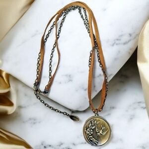 Decree Antique Finish Brown Suede Cord Bird Flower Round Watch Pendant Necklace